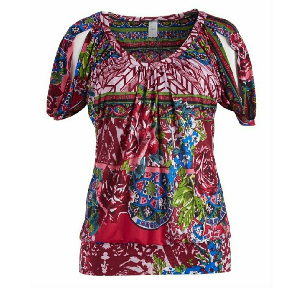 Burgundy & Green Scarf Print Cutout Blouson Top